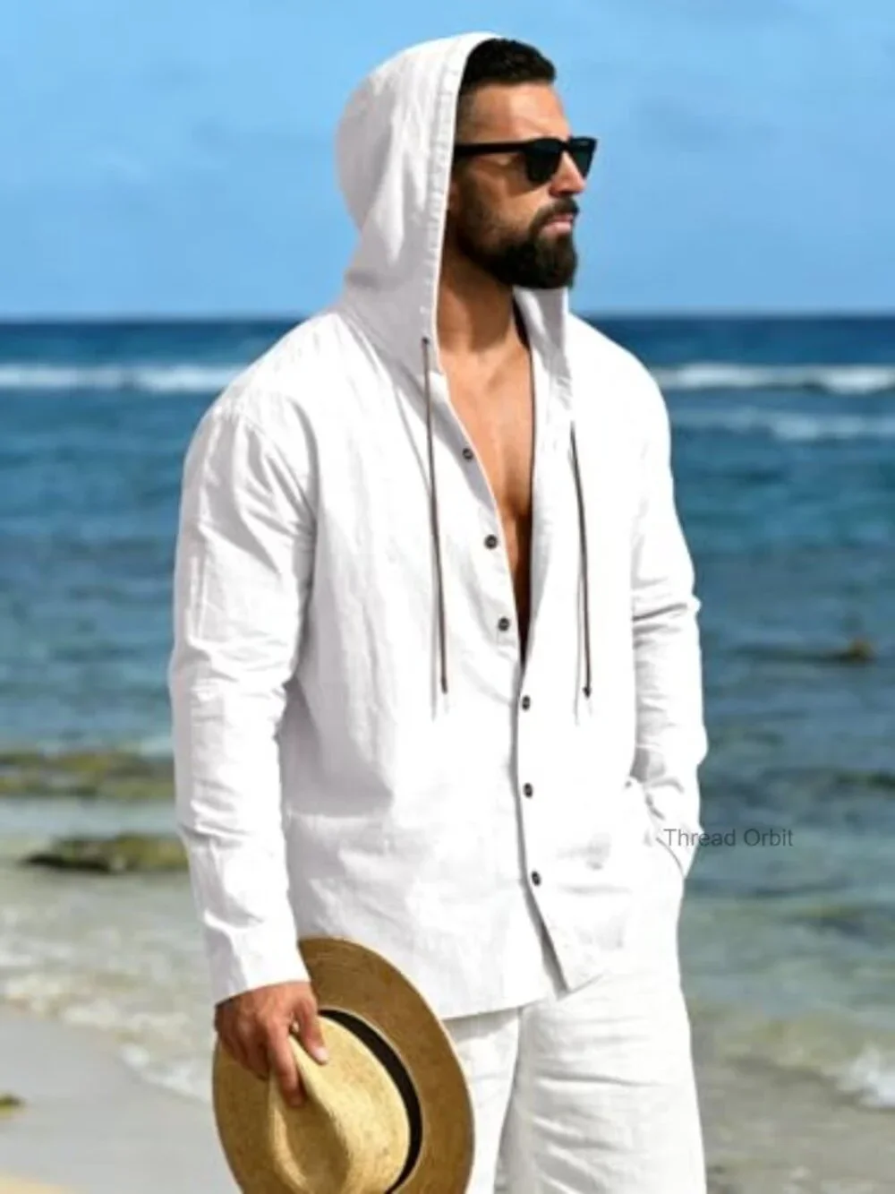 Men's Cotton Linen Hoodies Long Sleeve Button Down Shirts Casual Beach Yoga Top